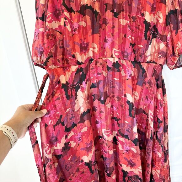 Lane Bryant Dress 18 Red Floral Balloon Sleeve 80s Midi High Low Party Wedding - Picture 12 of 16